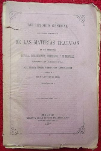 Portada del libro de Repertorio general por orden alfabético de las materias tratadas en las secciones doctrinal, parlamentaria,...