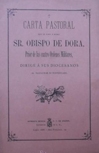 Portada del libro de Carta pastoral que el Ilmo. y Rvmo. Sr. Obispo de Dora, Prior de las cuatro Ordenes Militares, dirige...