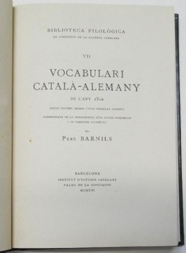 Portada del libro de Vocabulari català-alemany de l'any 1502. Edició facsímil segons l'únic exemplar conegut