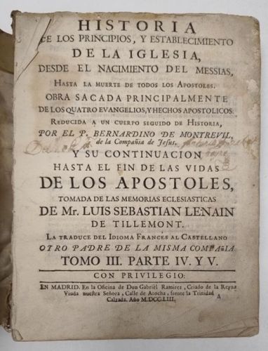 Portada del libro de Historia de los principios y establecimiento de la iglesia, desde el nacimiento del messias, hasta la...