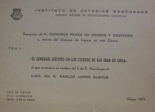 Portada del libro de TARJETÓN. RECEPCIÓN DE D. GERARDO PÉREZ DE MADRID. INSTITUTO DE ESTUDIOS MANCHEGOS, 1971