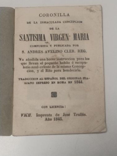 Portada del libro de Coronilla de la Inmaculada Concepción de la Santísima Virgen María (1845)