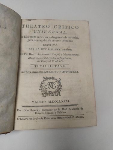 Portada del libro de Theatro crítico universal. Tomo Octavo