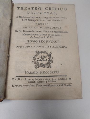 Portada del libro de Theatro crítico universal. Tomo segundo